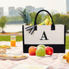 Personalized Initial Canvas Beach Bag, Monogrammed Gift Tote Bag for Women