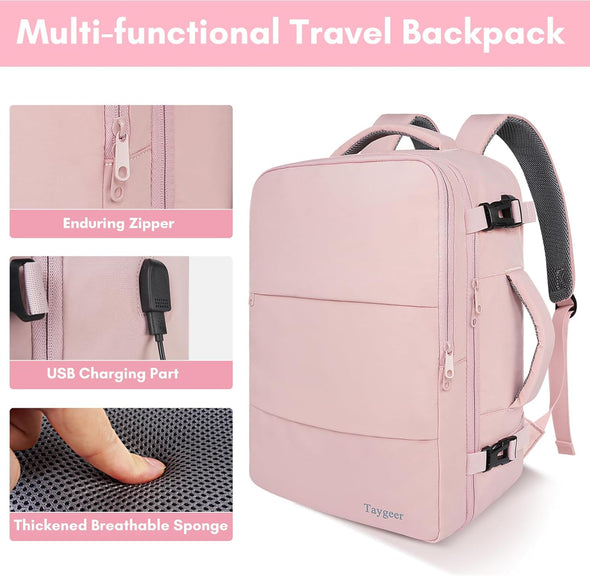 Travel Backpack for Women, Carry on Backpack with USB Charging Port & Shoe Pouch, TSA 15.6Inch Laptop Backpack Flight Approved, Nurse Bag Casual Daypack for Weekender Business Hiking, Pink