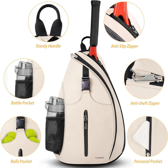 Tennis Bag, Tennis Sling Backpack Crossbody Water Resistant for Men Women, Compatible for Pickleball Tennis Badminton Rackets