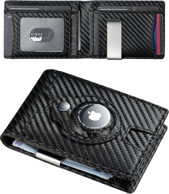 Airtag Wallet Men Slim: RFID Card Wallet with Airtag Holder - Apple Air Tag Wallet for Men - Minimalist Front Pocket Bifold Leather Wallet with Money Clip (Carbon Fiber)