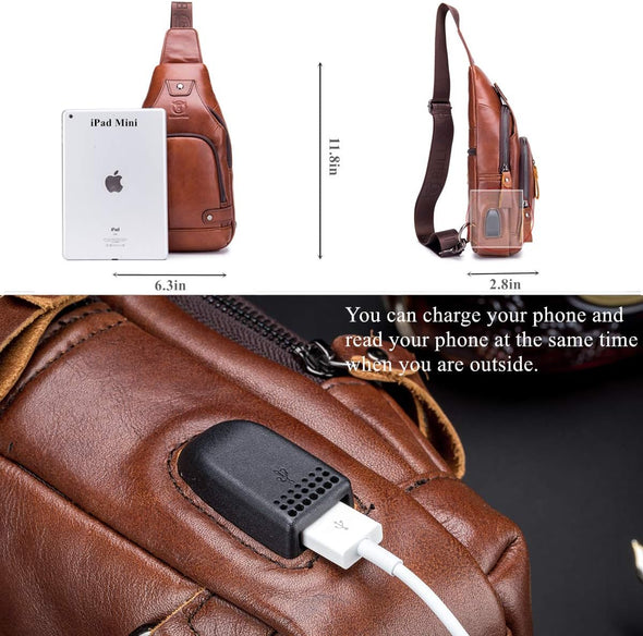 Genuine Leather Sling Bag with USB Charging Port Multi-Pocket Chest Bag for Men Hiking Travel Daypack XB-129