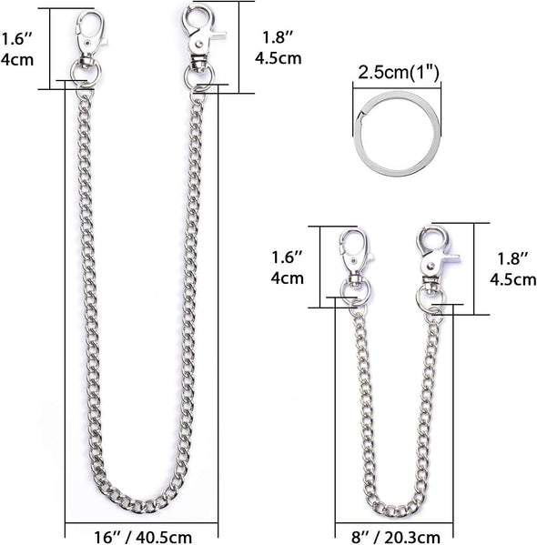 Wallet Chain, 2 Pack (8 and 16 Inch) Heavy Duty Pocket Keychain with Both Ends Lobster Clasps and Extra 2 Rings for Keys, Wallet, Jeans, Pants, Belt Loop, Purse and Handbag - Silver