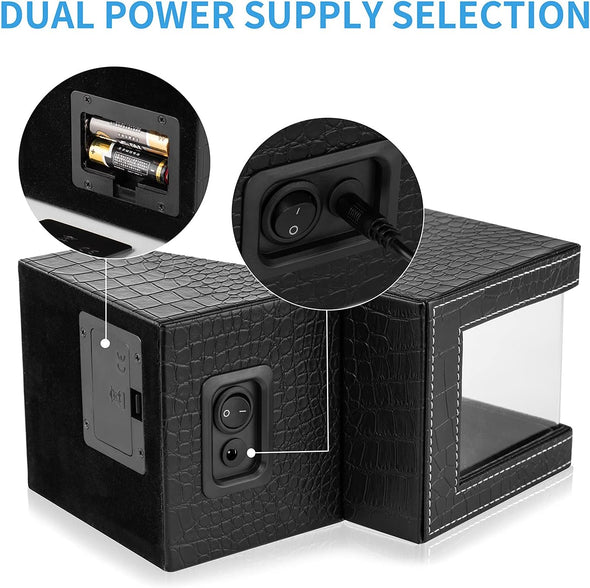 Automatic Single Watch Winder in Black Crocodile Pattern Leather with Japanese Quiet Motor，Ac Adapter or Battery Powered