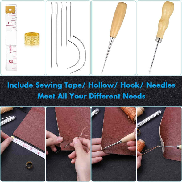 35 Pcs Leather Stitching Pouch Kit with 4Mm Prong Sewing Hole Punch, Leather Sewing Tools, Waxed Thread and Large-Eye Stitching Needles for Beginner Leather Sewing Working Crafting Projects