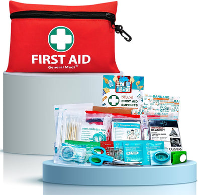 Mini First Aid Kit, 110 Piece Small First Aid Kit - Includes Emergency Foil Blanket, Scissors for Travel, Home, Office, Vehicle, Camping, Workplace & Outdoor (Red)