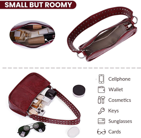 Shoulder Bags for Women Red Purse Burgundy Purse 90S Y2K Bag Studded Shoulder Crossbody Bag Trendy Leather Handbag