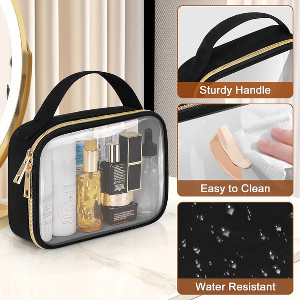 TSA Approved Toiletry Bag, 3 Pack Clear Makeup Bags with Handles, Quart Size Clear Toiletry Bags, PVC Clear Cosmetic Bags for Women and Men, Carry on Airport Airline Compliant Bag, Black