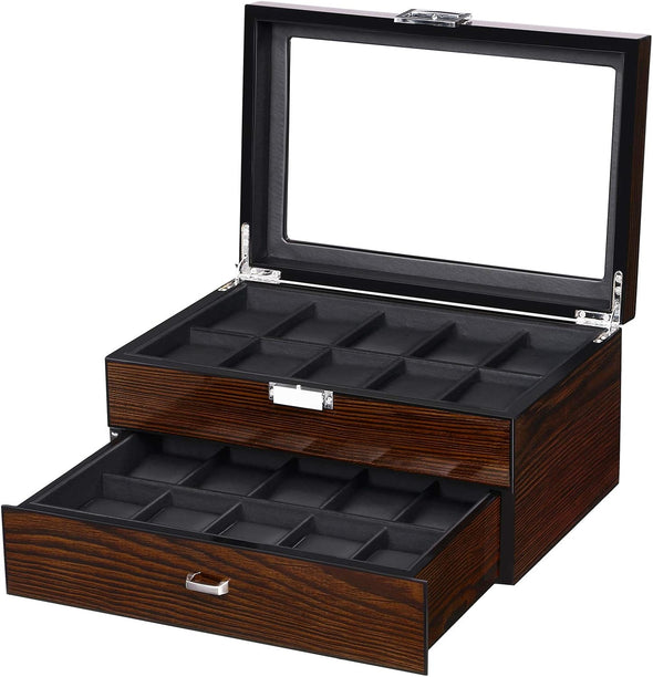 Watch Box, 20 Slots Watch Case for Men - Luxury Watch Organizer with Glass Top,Smooth Faux Leather Interior, Brown SSH04Y