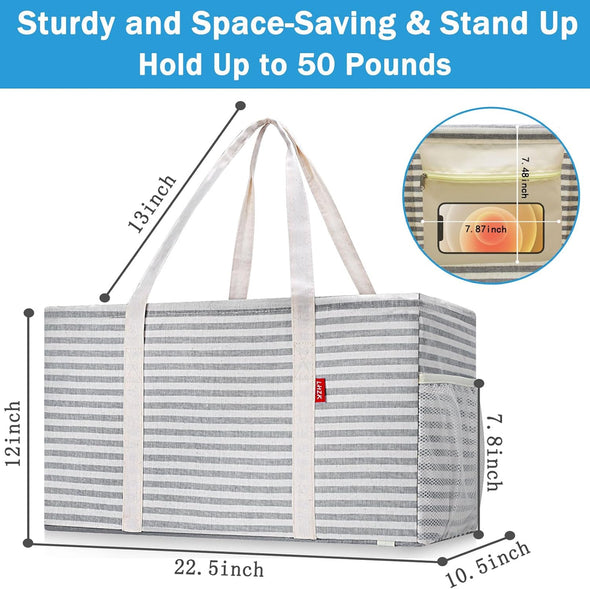 Standing Extra Large Utility Tote Bag with Metal Wire Frame and the Sides Rinforced, Foldable Grocery Tote Bag Beach Bag