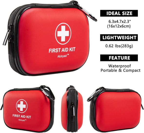 Mini First Aid Kit - 120 Piece Small Waterproof Hard Shell Medical Kit for Car, Home, Office, Travel, Camping, Sports, Outdoor, School - Emergency First Aid Supplies and Survival Kit (Red)