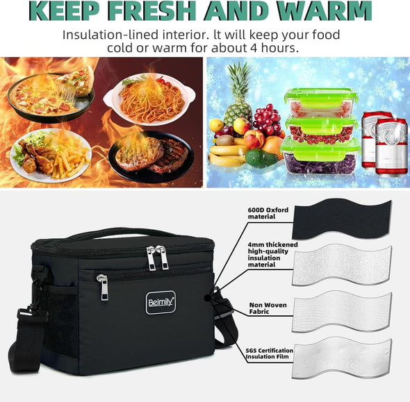 Lunch Box for Men/Women,Lunch Bag,Small Insulated Lunch Soft Cooler Bag Tote,Small Lunch Bag for Work,Adult Lunch Box,Reusable Leakproof Lunch Bag with Adjustable Shoulder Strap (Black)