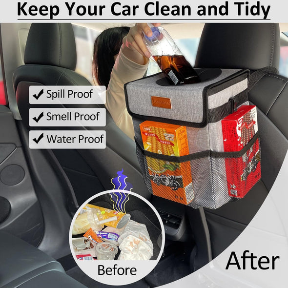 Car Trash Can Bin for Back Seat Leak Proof, Cute Trash Bag Hanging, for SUV Truck Van, Automotive Vehicle Garbage Cans Front Seat Grey