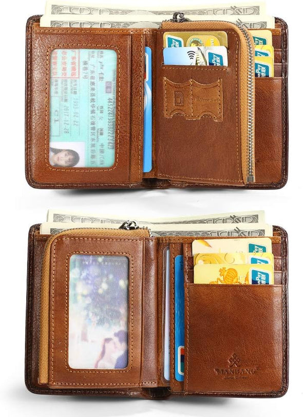 Mens Wallet Zipper Genuine Leather RFID Card Holders Cowhide Zip Coin Pocket Bifold Wallets for Men