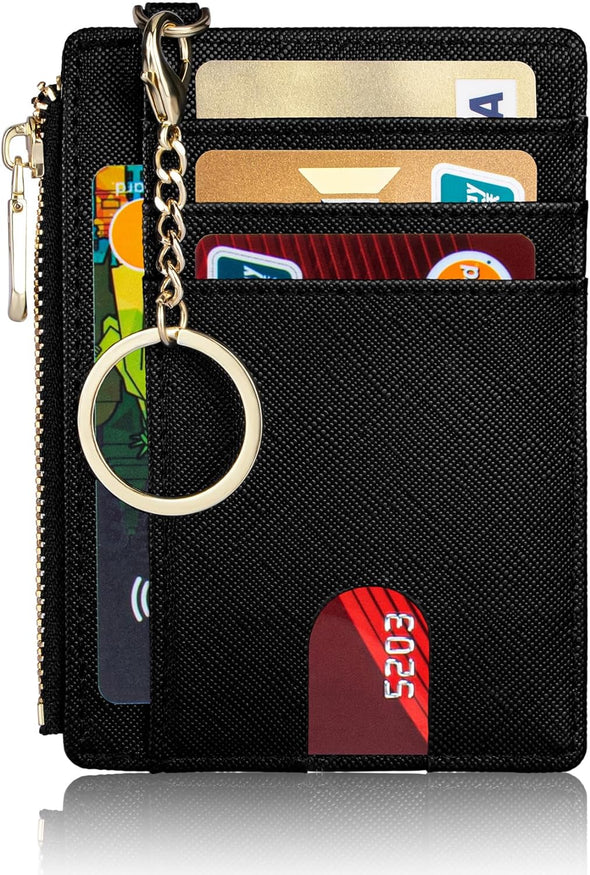 Slim Pocket Wallet, RFID Blocking Credit Card Holder Wallet with D-Shackle ID Window and Detachable Keychain for Women (A-Black)