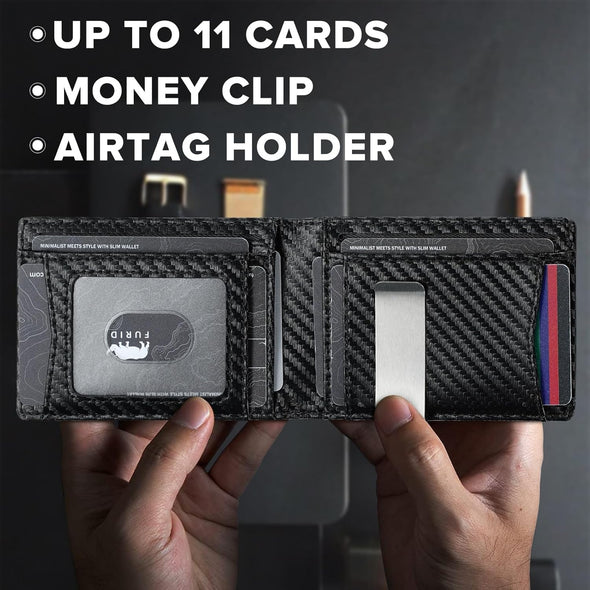 Airtag Wallet Men Slim: RFID Card Wallet with Airtag Holder - Apple Air Tag Wallet for Men - Minimalist Front Pocket Bifold Leather Wallet with Money Clip (Carbon Fiber)