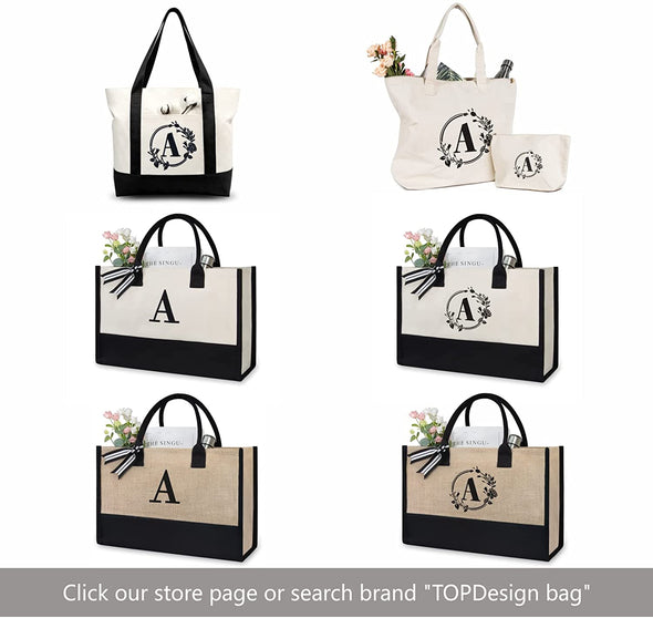 Personalized Initial Canvas Beach Bag, Monogrammed Gift Tote Bag for Women