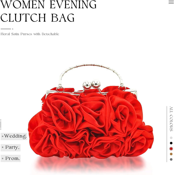 Women Evening Clutch Bag Floral Satin Small Purses with Detachable Strap for Wedding, Party, Prom