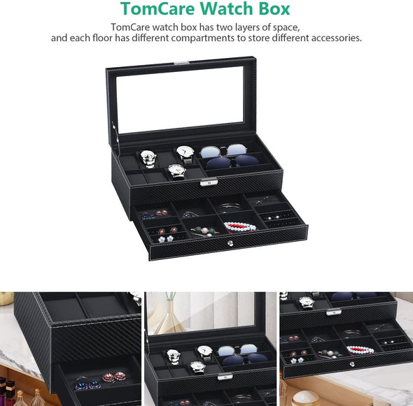 Watch Box Watch Case Watch Holder Organizer Jewelry Case Drawer Sunglasses Display Box Storage Earrings Storage Organizer Lockable with Glass Top and PU Leather for Men Women (All Black)