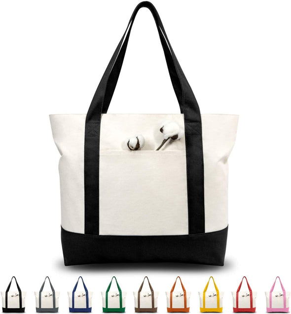 1 | 3 | 6 | 30 Pack Stylish Canvas Tote Bag with an External Pocket, Top Zipper Closure, Daily Essentials (Black/Natural Pack of 1)