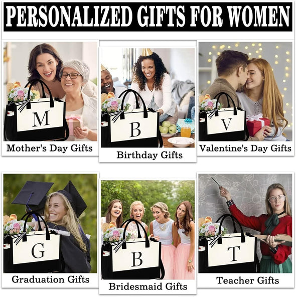 Christmas Gifts for Women - Initial Canvas Tote Bag & Makeup Bag, Birthday Gifts for Women Her Mom Teacher Friend