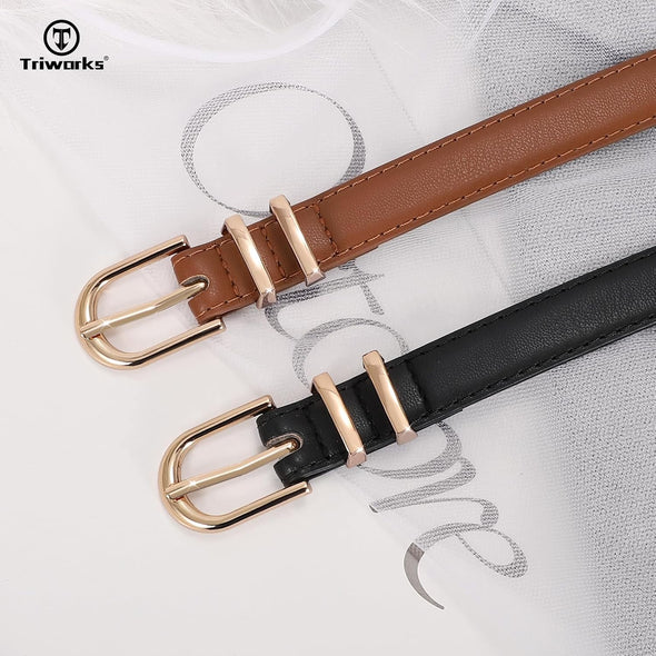 2 Pack Women Skinny Leather Belts for Jeans Pants Thin Faux Leather Belt with Gold Buckle