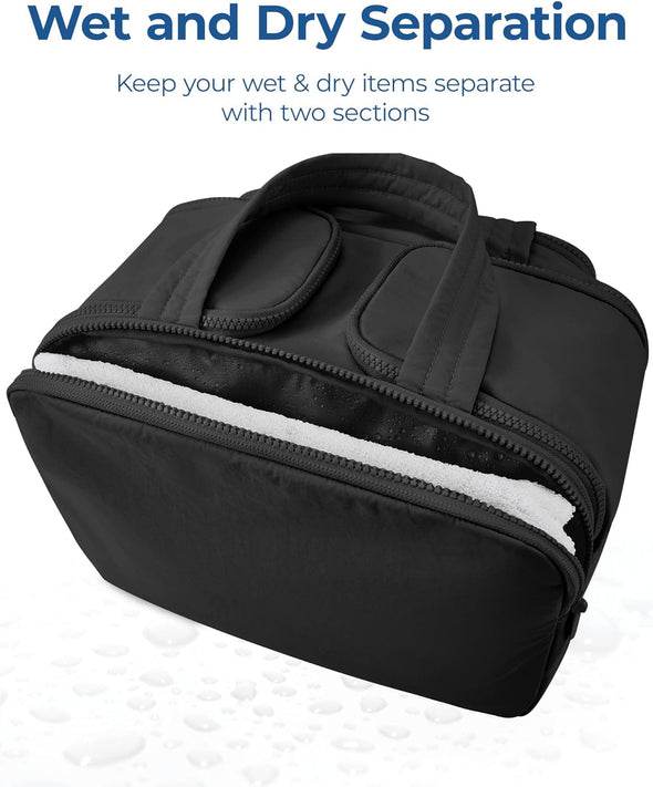 Travel Toiletry Bag, Lightweight Large Wide-Open Travel Bag for Women, Puffy Cosmetic Makeup Bag Organizer with Handle for Accessories,Essentials, Toiletries, Black