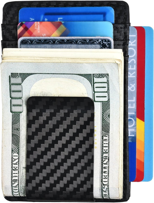 Money Clip Carbon Fiber RFID Blocking Front Pocket Leather ID Credit Card Holder Wallet for Men Black