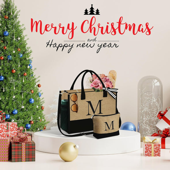 Christmas Gifts for Women - Initial Jute Tote Bag & Makeup Bag, Birthday Gifts for Women Her Mom Teacher Friend