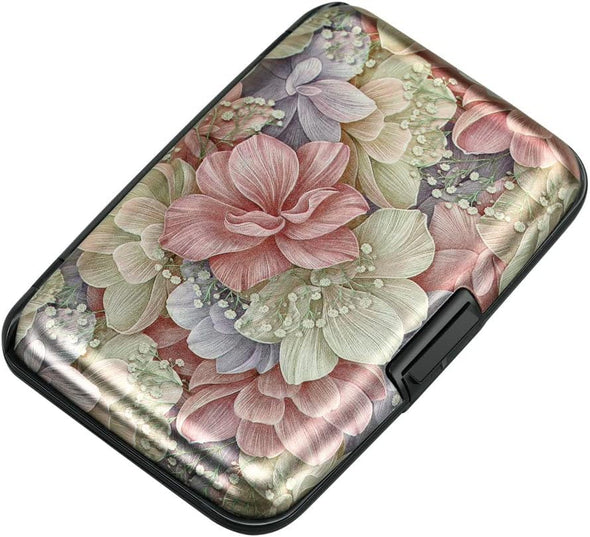 Mini RFID Aluminum Wallet Credit Cards Holder Business Card Case Metal ID Case for Men Women（Happy Flower