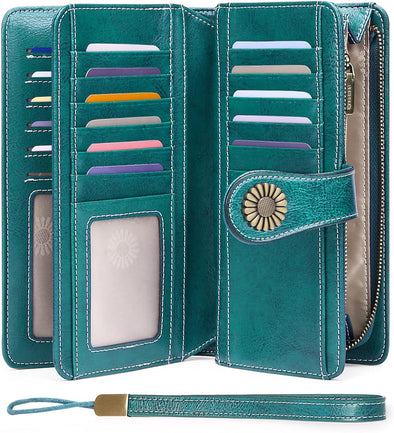 Wallets for Women Genuine Leather Credit Card Holder with RFID Blocking Large Capacity Wristlet