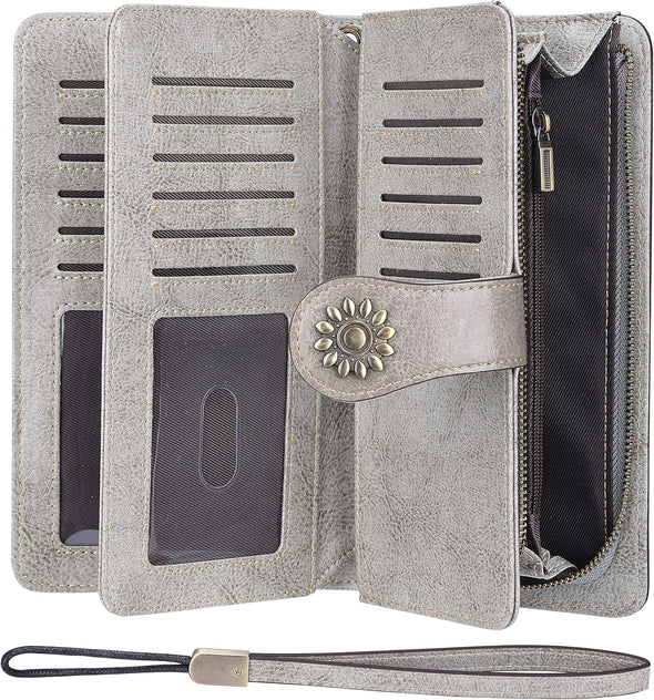 Womens Large Capacity Genuine Leather RFID Blocking Wallets Wristlet Clutch Card Holder