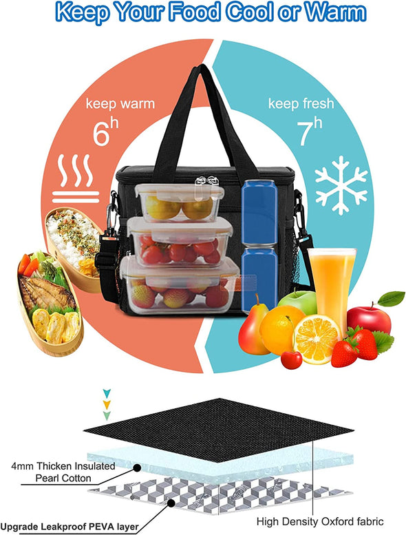 Reusable Lunch Box for Men/Women - Insulated Lunch Bag Leakproof Lunchbox for Work Office Picnic Beach - Freezable Lunch Cooler Bag with Adjustable Shoulder Strap - Black