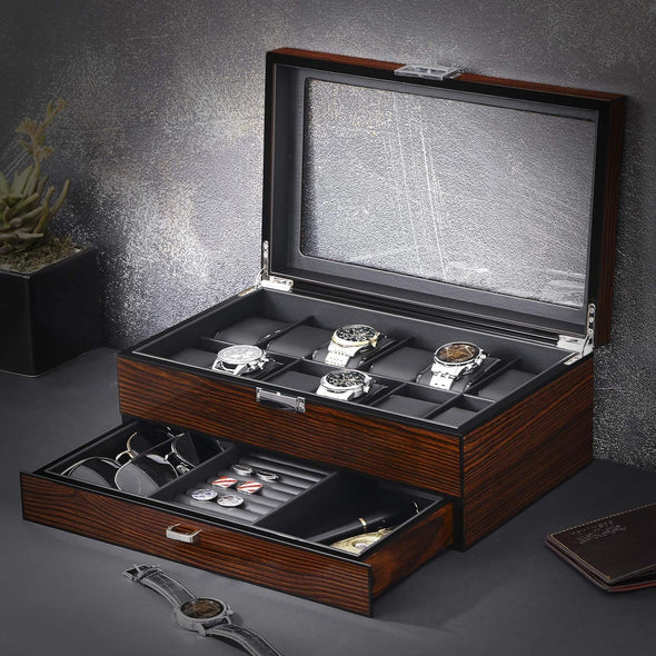 12 Watch Box with Valet Drawer, Luxury Watch Case,Watch Organizer for Mens Accessories with Real Glass Top,Metal Hinge, Brown SSH02Y