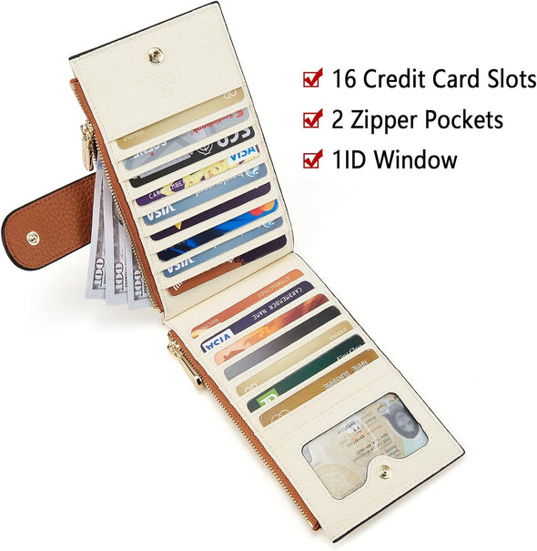 Leather Wallets for Women RFID Blocking Slim Bofild Purse Card Holder with Zipper Pocket