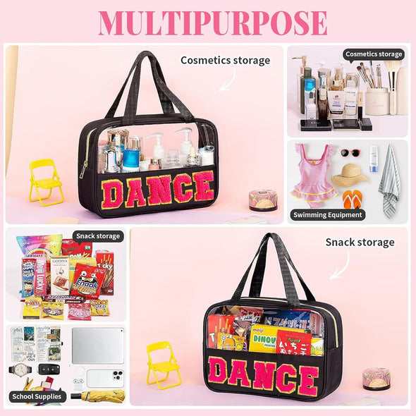 Chenille Letter Dance Bag Dance Recital Gifts for Dance Teacher Clear Ballet Dance Makeup Bag with Handle and Zipper Waterproof Nylon Portable Toiletry Bag, Dance Competition Must Haves