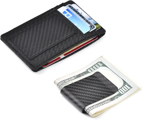 Money Clip Carbon Fiber RFID Blocking Front Pocket Leather ID Credit Card Holder Wallet for Men Black