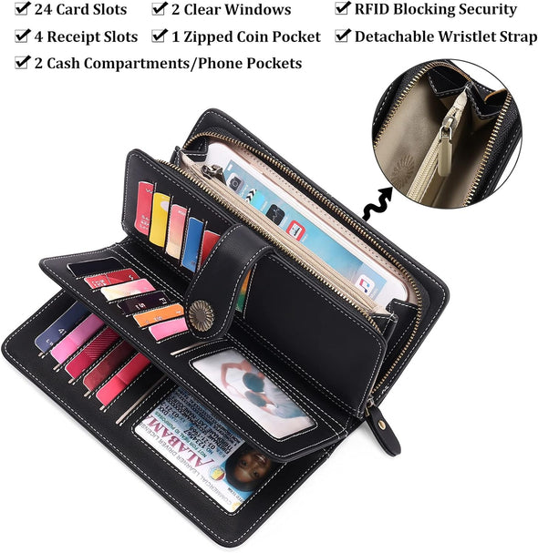 Women'S Wallet Genuine Leather RFID Blocking Large Capacity Trifold Ladies Wallet