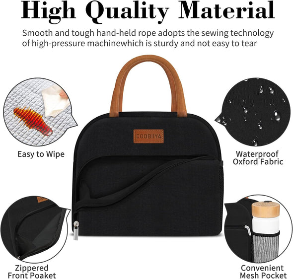 Lunch Box Lunch Bag for Women Adults Men, Reusable Cute Lunch Pail Bag - Leakproof, Insulated Lunch Box Tote with Large Capacity, Cooler Lunch Container for Work/Travel/Office (Black)