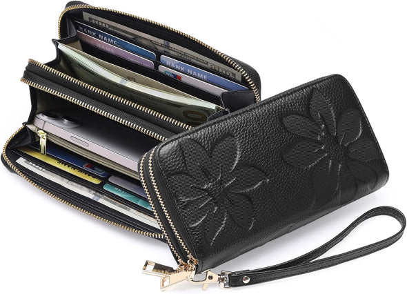 Women'S Wallet Large Capacity Double Zip Ladies Card Phone Holder RFID Blocking Wristlet Leather