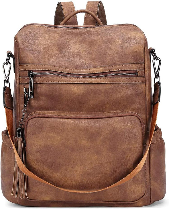 Backpack Purse for Women Large Womens Backpack Leather Travel Backpack Fashion Backpack Purse Designer Ladies Shoulder Bags with Tassel Two-Toned Brown