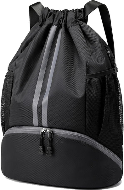 Sports Drawstring Backpack - String Swim Gym Bag with Shoes Compartment and Wet Proof Pocket for Women&Men