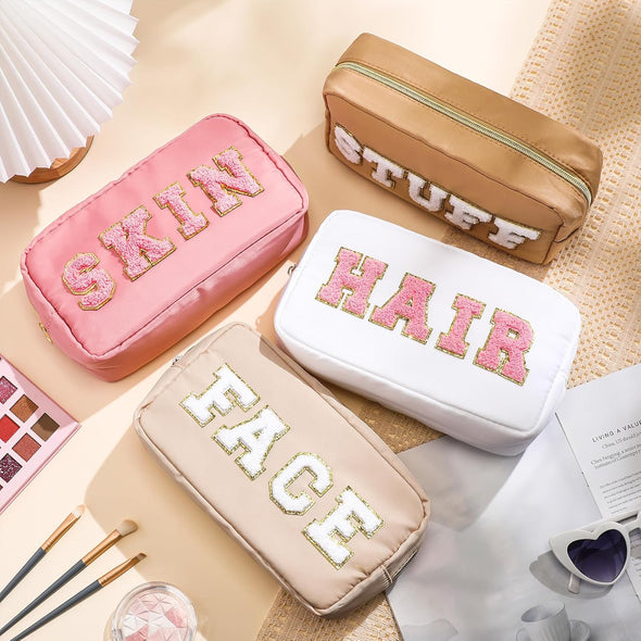 4 Pcs Nylon Cosmetic Bag Travel Organizer Chenille Letter Makeup Pouch Zipper Preppy Waterproof Hair Bag Toiletry Pouch for Women Girls(Light Brown, Beige, Light Pink, White)