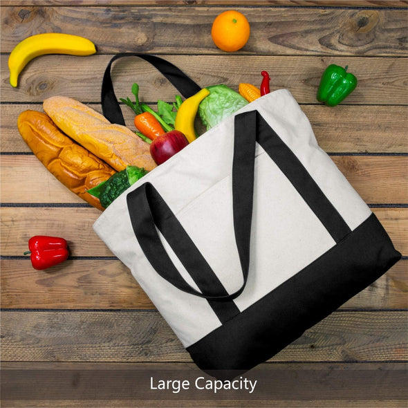 1 | 3 | 6 | 30 Pack Stylish Canvas Tote Bag with an External Pocket, Top Zipper Closure, Daily Essentials (Black/Natural Pack of 1)