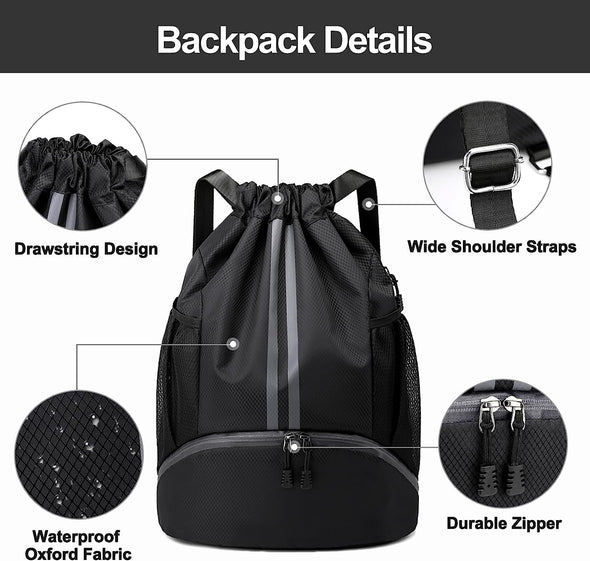 Sports Drawstring Backpack - String Swim Gym Bag with Shoes Compartment and Wet Proof Pocket for Women&Men