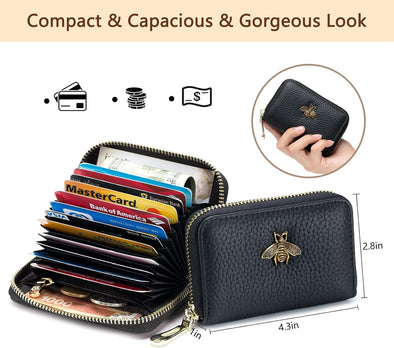 RFID Credit Card Holder, Small Leather Zipper Card Case Wallet for Women