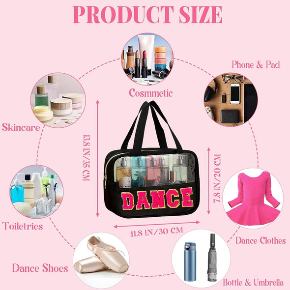 Chenille Letter Dance Bag Dance Recital Gifts for Dance Teacher Clear Ballet Dance Makeup Bag with Handle and Zipper Waterproof Nylon Portable Toiletry Bag, Dance Competition Must Haves