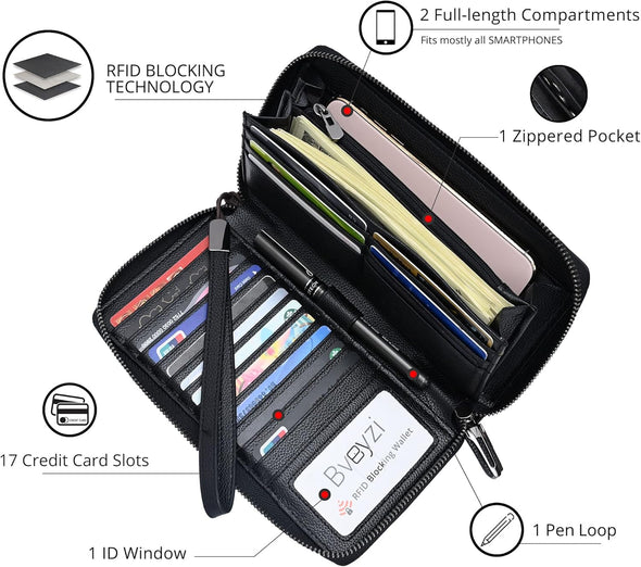 Women RFID Blocking Wallet Leather Zip around Phone Clutch Large Capacity Ladies Travel Purse Wristlet