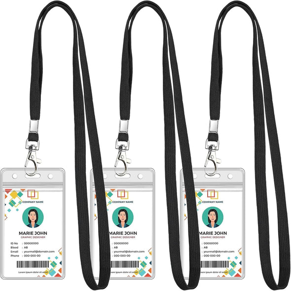 3 Pack Clear ID Badge Holder with Lanyard Black Lanyards with Vertical Waterproof ID Badge Holder for Office, School, Travel