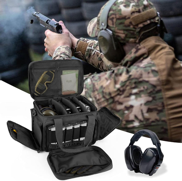 Tactical Gun Range Bag for 4 Handguns, Pistol Shooting Range Bag with 6X Magazine Slots and Extra Pockets for Ammo and Essentials