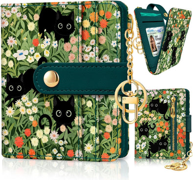 Black Cat Floral Rfid Women Wallet, Small Slim Thin Credit Card Wallet, PU Leather Bifold Cash Wallet, Zipper Coin Pocket & ID Window, Female Ladies Teen Girls Girly Wallet